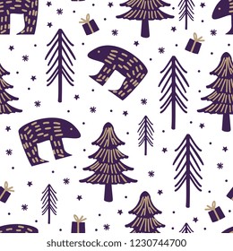 Childish drawing seamless pattern with polar beer and forest tree for winter season holiday. Good for christmas fashion textile print and wallpaper background vector illustration.