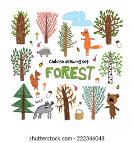 Childish drawing set about forest with trees and animals