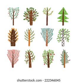 Childish drawing set of trees in the forest