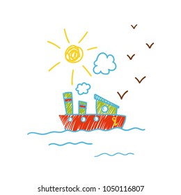 Childish drawing of ship in the sea vector Illustration can be used for poster, greeting card, banner, label, book illustration