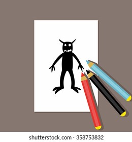 Childish drawing vector illustration. Boogieman. Children's fear, nightmare.