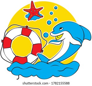 childish drawing in which a dolphin, a starfish and a lifebuoy in the form of a sticker on a white background as a set for a child