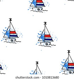 Childish drawing yacht silhouette on wave. Light summer travel adventure seamless pattern. Marine icon sketch on splash ink. Bright ship, sailboat. Retro sailing transport.