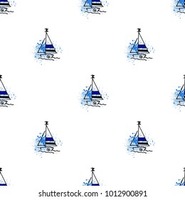 Childish drawing yacht silhouette on wave. Light summer travel adventure seamless pattern. Marine icon sketch on splash ink. Bright ship, sailboat. Retro sailing transport. Infinitely repeating motif.