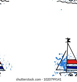 Childish drawing yacht silhouette on wave. Light summer travel adventure seamless pattern. Marine icon sketch on splash ink. Bright ship, sailboat. Retro sailing transport. Infinitely repeating motif.
