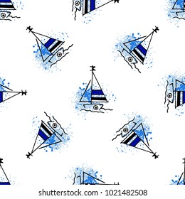 Childish drawing yacht silhouette on wave. Light summer travel adventure seamless pattern. Marine icon sketch on splash ink. Bright ship, sailboat. Retro sailing transport. Infinitely repeating motif.