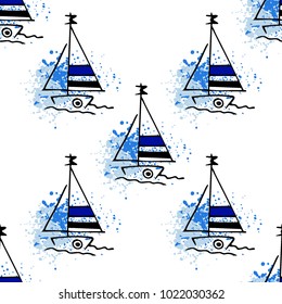 Childish drawing yacht silhouette on wave. Light summer travel adventure seamless pattern. Marine icon sketch on splash ink. Bright ship, sailboat. Retro sailing transport. Infinitely repeating motif.