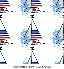 Childish drawing yacht silhouette on wave. Light summer travel adventure seamless pattern. Marine icon sketch on splash ink. Bright ship, sailboat. Retro sailing transport. Infinitely repeating motif.