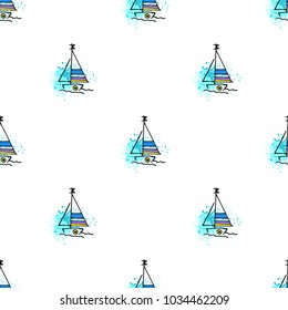 Childish drawing yacht silhouette on wave. Light summer travel adventure seamless pattern. Marine icon sketch on splash ink. Bright ship, sailboat. Retro sailing transport. Infinitely repeating motif.
