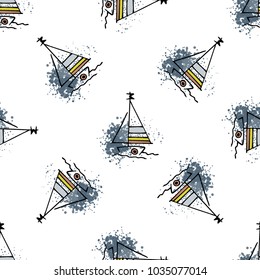 Childish drawing yacht silhouette on wave. Light summer travel adventure seamless pattern. Marine icon sketch on splash ink. Bright ship, sailboat. Retro sailing transport. Infinitely repeating motif.