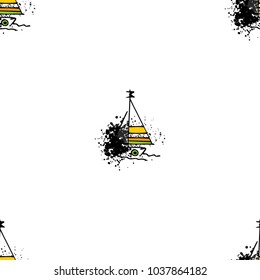 Childish drawing yacht silhouette on wave. Light summer travel adventure seamless pattern. Marine icon sketch on splash ink. Bright ship, sailboat. Retro sailing transport. Infinitely repeating motif.