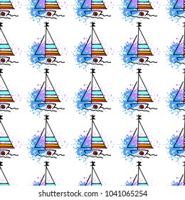 Childish drawing yacht silhouette on wave. Light summer travel adventure seamless pattern. Marine icon sketch on splash ink. Bright ship, sailboat. Retro sailing transport. Infinitely repeating motif.