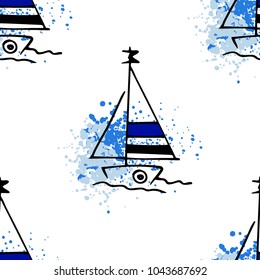 Childish drawing yacht silhouette on wave. Light summer travel adventure seamless pattern. Marine icon sketch on splash ink. Bright ship, sailboat. Retro sailing transport. Infinitely repeating motif.