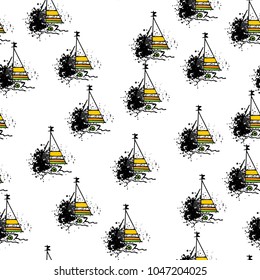 Childish drawing yacht silhouette on wave. Light summer travel adventure seamless pattern. Marine icon sketch on splash ink. Bright ship, sailboat. Retro sailing transport. Infinitely repeating motif.