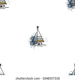 Childish drawing yacht silhouette on wave. Light summer travel adventure seamless pattern. Marine icon sketch on splash ink. Bright ship, sailboat. Retro sailing transport. Infinitely repeating motif.