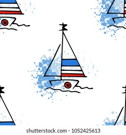 Childish drawing yacht silhouette on wave. Light summer travel adventure seamless pattern. Marine icon sketch on splash ink. Bright ship, sailboat. Retro sailing transport. Infinitely repeating motif.