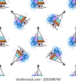 Childish drawing yacht silhouette on wave. Light summer travel adventure seamless pattern. Marine icon sketch on splash ink. Bright ship, sailboat. Retro sailing transport. Infinitely repeating motif.