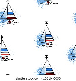 Childish drawing yacht silhouette on wave. Light summer travel adventure seamless pattern. Marine icon sketch on splash ink. Bright ship, sailboat. Retro sailing transport. Infinitely repeating motif.