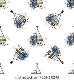 Childish drawing yacht silhouette on wave. Light summer travel adventure seamless pattern. Marine icon sketch on splash ink. Bright ship, sailboat. Retro sailing transport. Infinitely repeating motif.