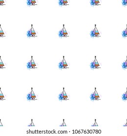 Childish drawing yacht silhouette on wave. Light summer travel adventure seamless pattern. Marine icon sketch on splash ink. Bright ship, sailboat. Retro sailing transport. Infinitely repeating motif.