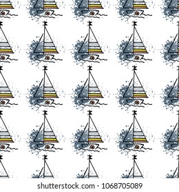 Childish drawing yacht silhouette on wave. Light summer travel adventure seamless pattern. Marine icon sketch on splash ink. Bright ship, sailboat. Retro sailing transport. Infinitely repeating motif.