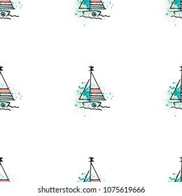 Childish drawing yacht silhouette on wave. Light summer travel adventure seamless pattern. Marine icon sketch on splash ink. Bright ship, sailboat. Retro sailing transport. Infinitely repeating motif.