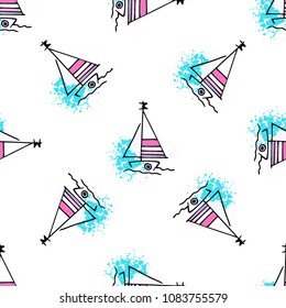 Childish drawing yacht silhouette on wave. Light summer travel adventure seamless pattern. Marine icon sketch on splash ink. Bright ship, sailboat. Retro sailing transport. Infinitely repeating motif.