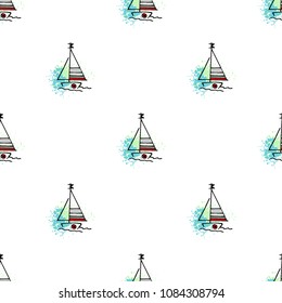 Childish drawing yacht silhouette on wave. Light summer travel adventure seamless pattern. Marine icon sketch on splash ink. Bright ship, sailboat. Retro sailing transport. Infinitely repeating motif.