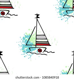Childish drawing yacht silhouette on wave. Light summer travel adventure seamless pattern. Marine icon sketch on splash ink. Bright ship, sailboat. Retro sailing transport. Infinitely repeating motif.