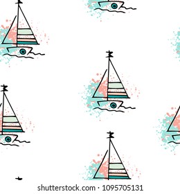 Childish drawing yacht silhouette on wave. Light summer travel adventure seamless pattern. Marine icon sketch on splash ink. Bright ship, sailboat. Retro sailing transport. Infinitely repeating motif.
