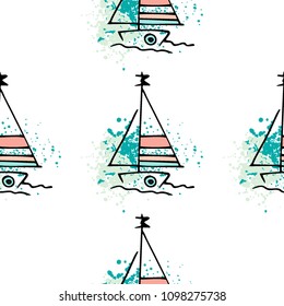 Childish drawing yacht silhouette on wave. Light summer travel adventure seamless pattern. Marine icon sketch on splash ink. Bright ship, sailboat. Retro sailing transport. Infinitely repeating motif.