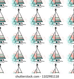 Childish drawing yacht silhouette on wave. Light summer travel adventure seamless pattern. Marine icon sketch on splash ink. Bright ship, sailboat. Retro sailing transport. Infinitely repeating motif.