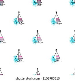 Childish drawing yacht silhouette on wave. Light summer travel adventure seamless pattern. Marine icon sketch on splash ink. Bright ship, sailboat. Retro sailing transport. Infinitely repeating motif.