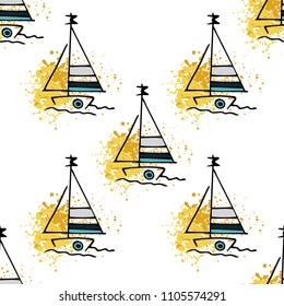 Childish drawing yacht silhouette on wave. Light summer travel adventure seamless pattern. Marine icon sketch on splash ink. Bright ship, sailboat. Retro sailing transport. Infinitely repeating motif.