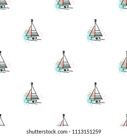 Childish drawing yacht silhouette on wave. Light summer travel adventure seamless pattern. Marine icon sketch on splash ink. Bright ship, sailboat. Retro sailing transport. Infinitely repeating motif.