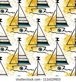 Childish drawing yacht silhouette on wave. Light summer travel adventure seamless pattern. Marine icon sketch on splash ink. Bright ship, sailboat. Retro sailing transport. Infinitely repeating motif.