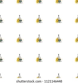 Childish drawing yacht silhouette on wave. Light summer travel adventure seamless pattern. Marine icon sketch on splash ink. Bright ship, sailboat. Retro sailing transport. Infinitely repeating motif.