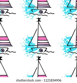 Childish drawing yacht silhouette on wave. Light summer travel adventure seamless pattern. Marine icon sketch on splash ink. Bright ship, sailboat. Retro sailing transport. Infinitely repeating motif.