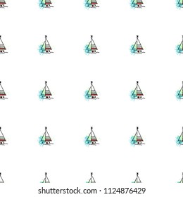 Childish drawing yacht silhouette on wave. Light summer travel adventure seamless pattern. Marine icon sketch on splash ink. Bright ship, sailboat. Retro sailing transport. Infinitely repeating motif.