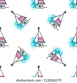Childish drawing yacht silhouette on wave. Light summer travel adventure seamless pattern. Marine icon sketch on splash ink. Bright ship, sailboat. Retro sailing transport. Infinitely repeating motif.