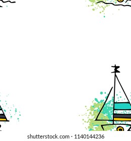 Childish drawing yacht silhouette on wave. Light summer travel adventure seamless pattern. Marine icon sketch on splash ink. Bright ship, sailboat. Retro sailing transport. Infinitely repeating motif.