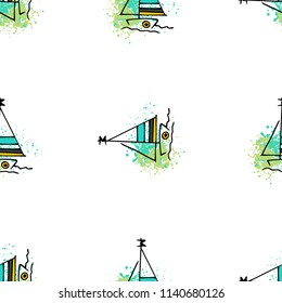 Childish drawing yacht silhouette on wave. Light summer travel adventure seamless pattern. Marine icon sketch on splash ink. Bright ship, sailboat. Retro sailing transport. Infinitely repeating motif.