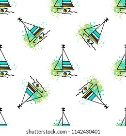 Childish drawing yacht silhouette on wave. Light summer travel adventure seamless pattern. Marine icon sketch on splash ink. Bright ship, sailboat. Retro sailing transport. Infinitely repeating motif.