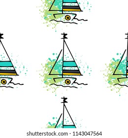 Childish drawing yacht silhouette on wave. Light summer travel adventure seamless pattern. Marine icon sketch on splash ink. Bright ship, sailboat. Retro sailing transport. Infinitely repeating motif.