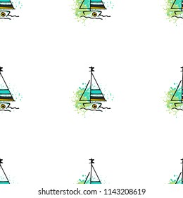 Childish drawing yacht silhouette on wave. Light summer travel adventure seamless pattern. Marine icon sketch on splash ink. Bright ship, sailboat. Retro sailing transport. Infinitely repeating motif.