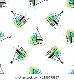 Childish drawing yacht silhouette on wave. Light summer travel adventure seamless pattern. Marine icon sketch on splash ink. Bright ship, sailboat. Retro sailing transport. Infinitely repeating motif