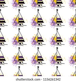 Childish drawing yacht silhouette on wave. Light summer travel adventure seamless pattern. Marine icon sketch on splash ink. Bright ship, sailboat. Retro sailing transport. Infinitely repeating motif