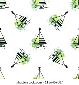 Childish drawing yacht silhouette on wave. Light summer travel adventure seamless pattern. Marine icon sketch on splash ink. Bright ship, sailboat. Retro sailing transport. Infinitely repeating motif