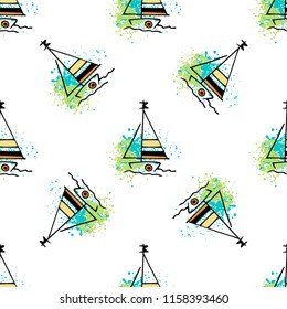 Childish drawing yacht silhouette on wave. Light summer travel adventure seamless pattern. Marine icon sketch on splash ink. Bright ship, sailboat. Retro sailing transport. Infinitely repeating motif