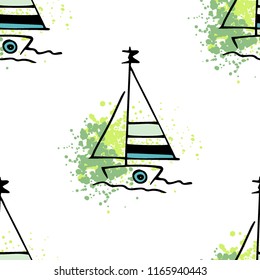 Childish drawing yacht silhouette on wave. Light summer travel adventure seamless pattern. Marine icon sketch on splash ink. Bright ship, sailboat. Retro sailing transport. Infinitely repeating motif